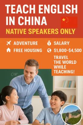 English Teachers Wanted in China, Free Accommodations and Flights